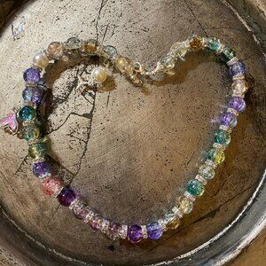 Hand Made Multicolor Beaded Necklace with Crystal Charms 15 inches Long